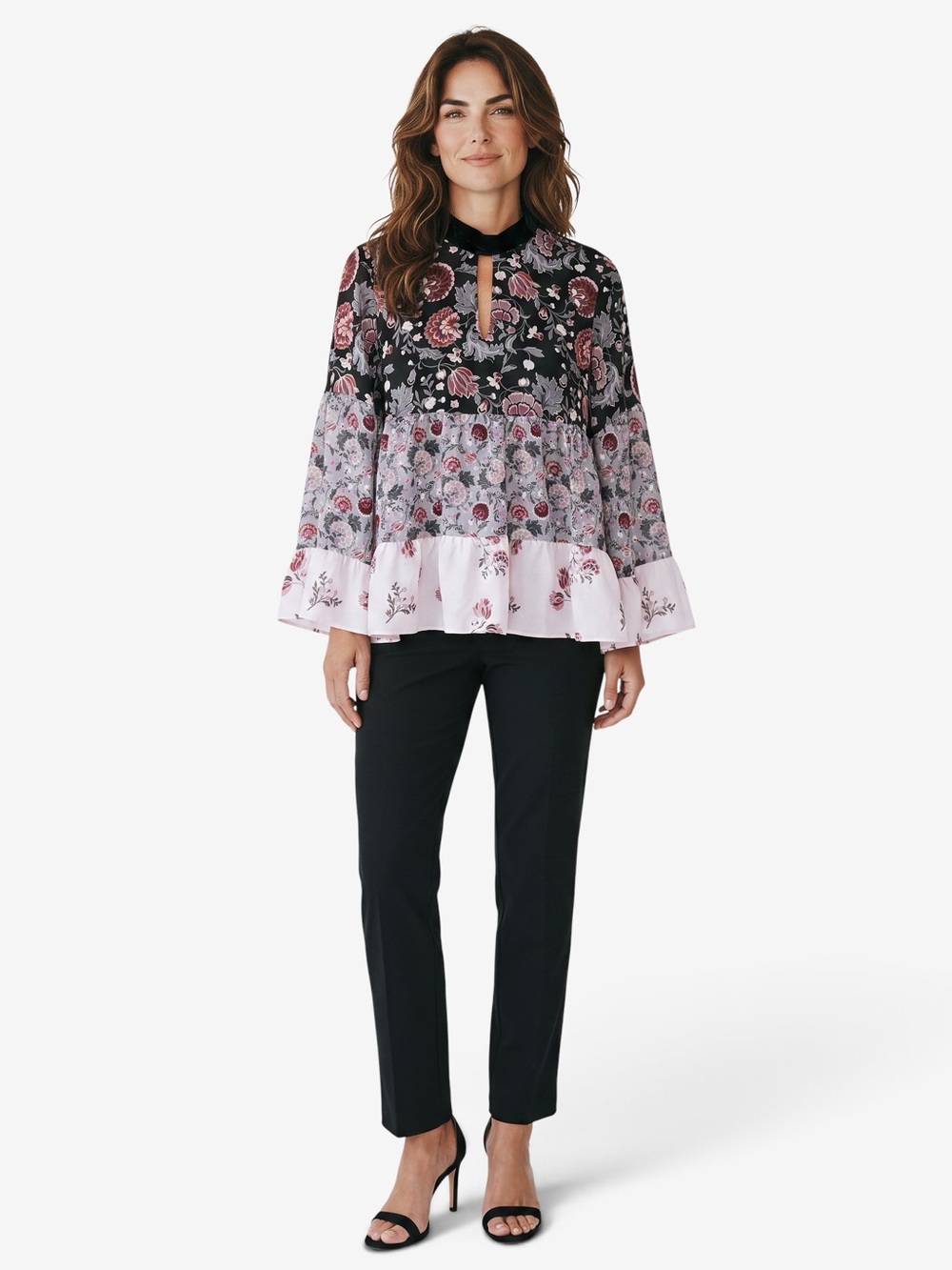 LOFT Black Floral Tiered Blouse Size S Velvet Mock Neck Keyhole Bell Sleeve